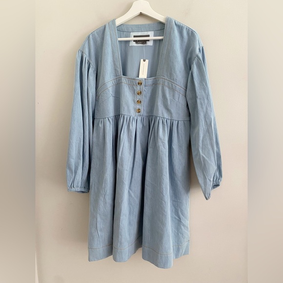 NEW By Anthropologie Long-Sleeve Square-Neck Denim Babydoll Mini Dress size S - Picture 7 of 7